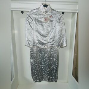 Elegant Silver and White Traditional Dress with Matching Jacket